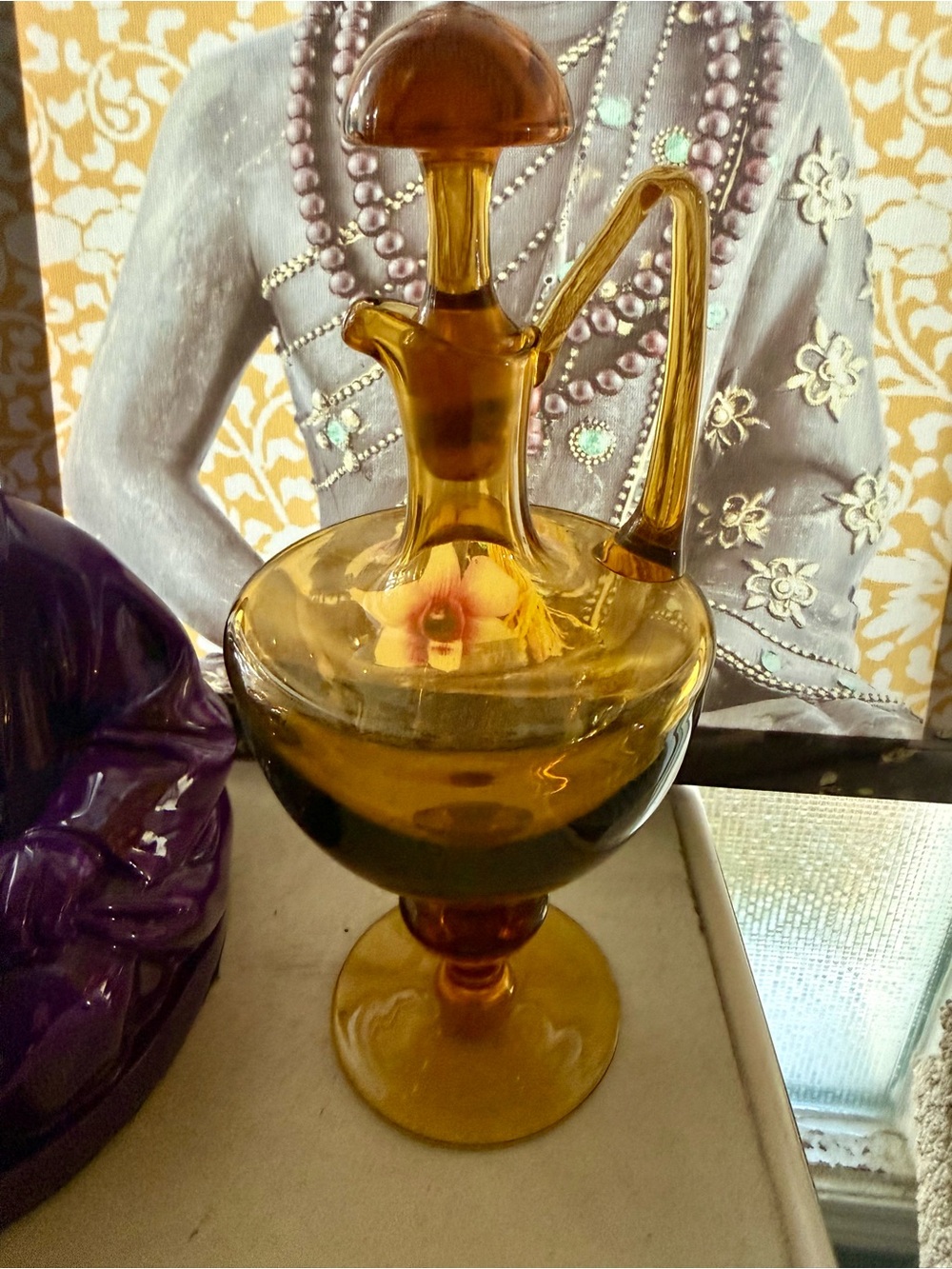 Vintage MCM Amber Glass Decanter Ewer Pitcher Pedestal Hand Blown Art Glass
